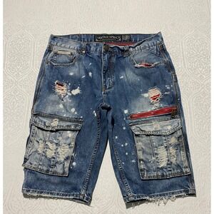 Heritage America Mens Blue Distressed Paint Splatter Cargo Denim Jorts Shorts 38